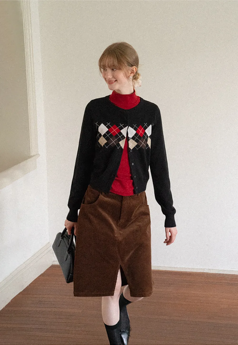 Argyle Pattern Cable Knit Cardigan