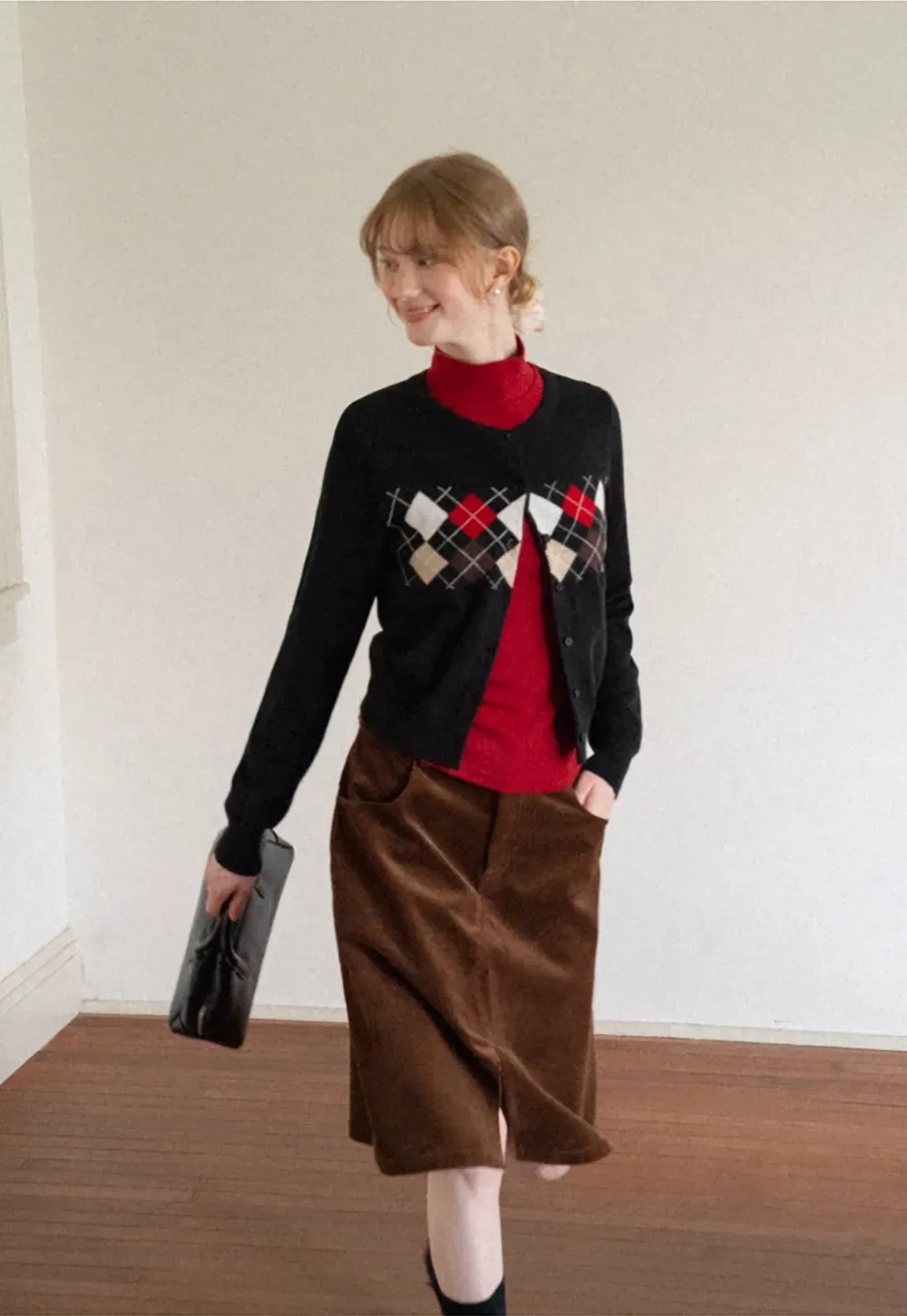 Argyle Pattern Cable Knit Cardigan
