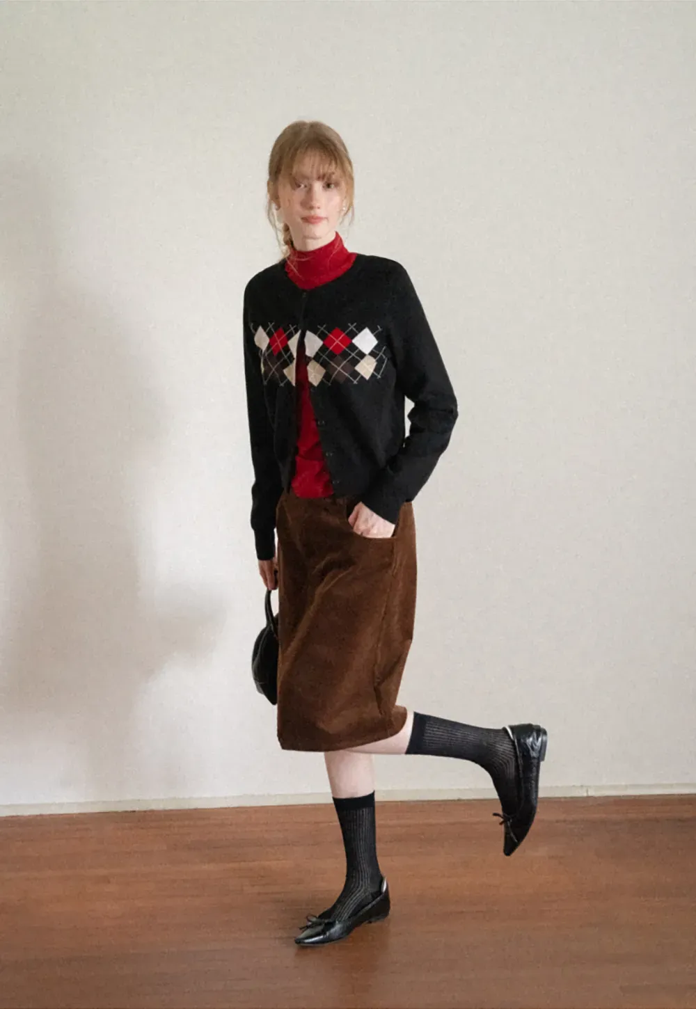 Argyle Pattern Cable Knit Cardigan