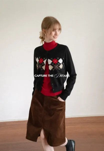 Argyle Pattern Cable Knit Cardigan