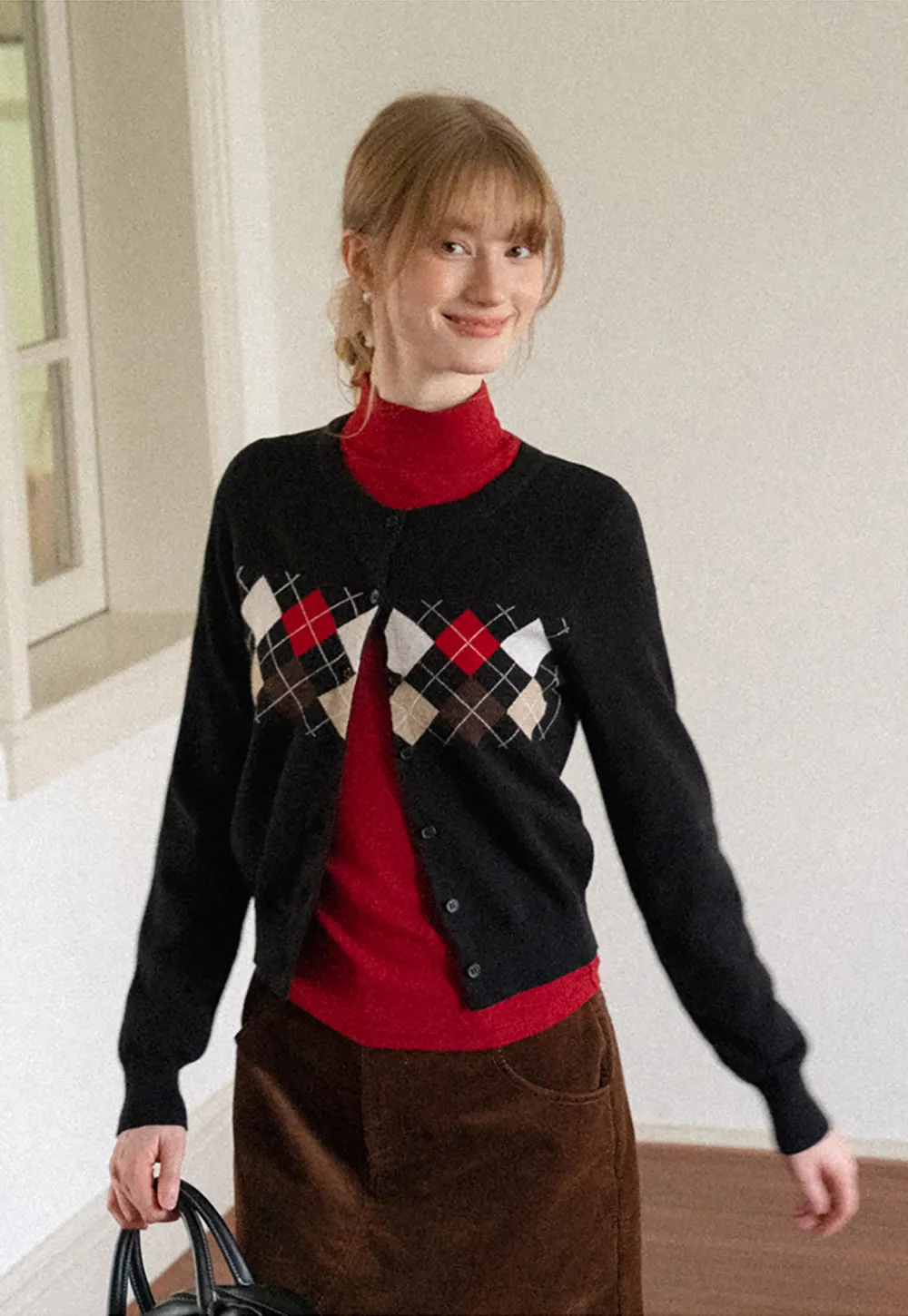 Argyle Pattern Cable Knit Cardigan