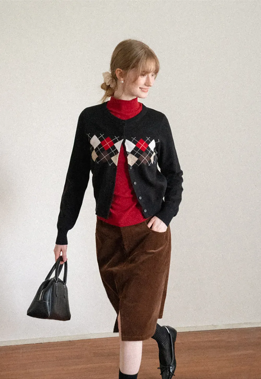 Argyle Pattern Cable Knit Cardigan