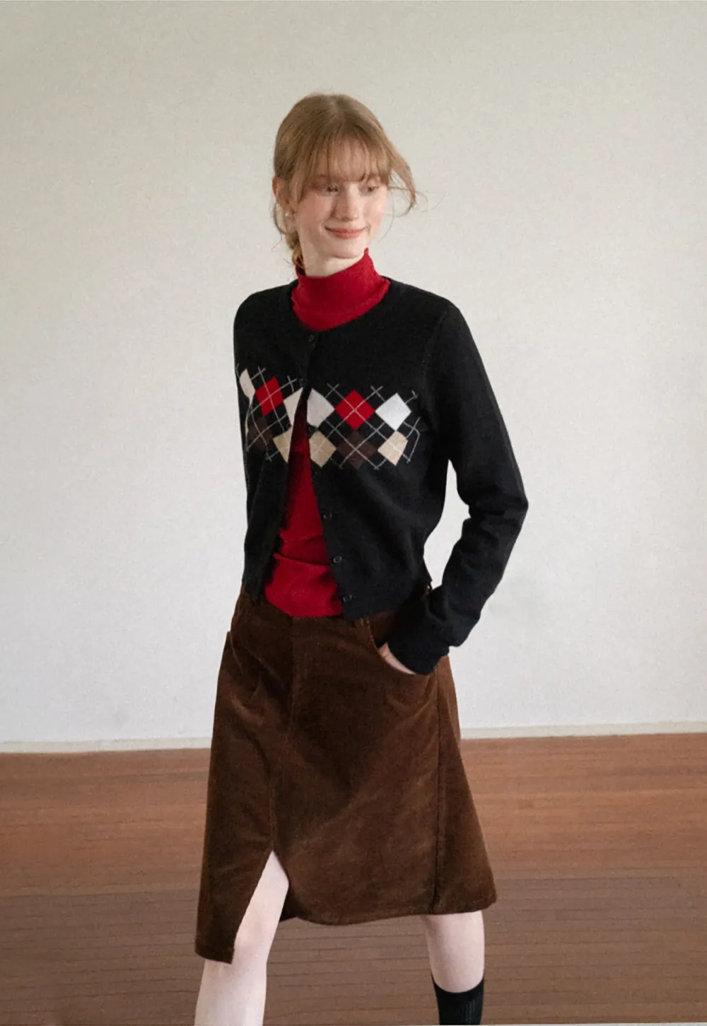 Argyle Pattern Cable Knit Cardigan