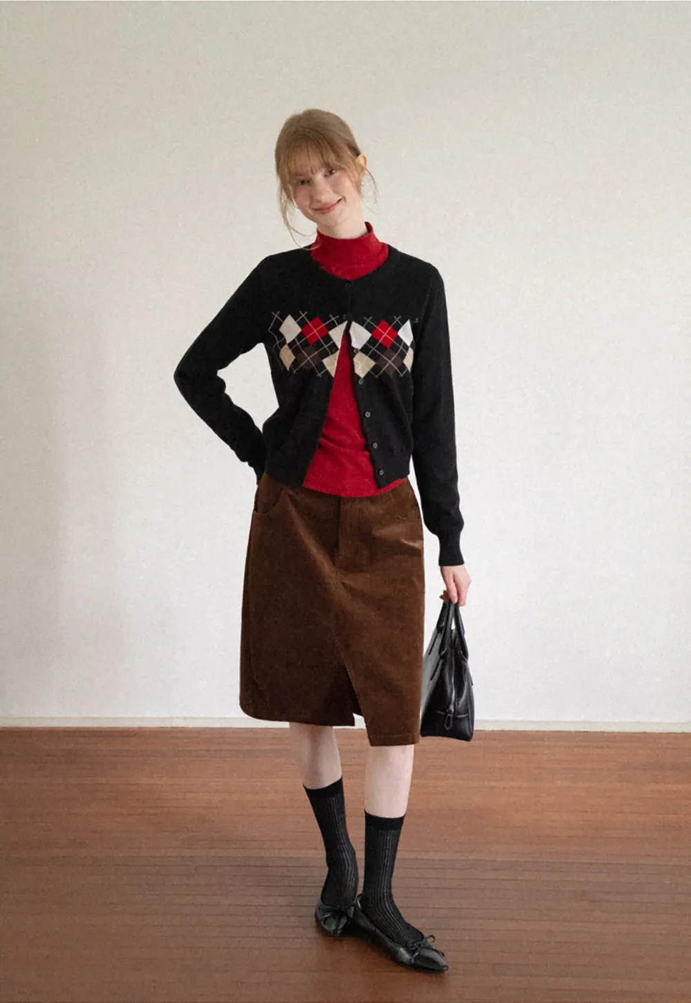Argyle Pattern Cable Knit Cardigan