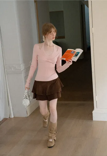 V Neck Cross Front Cutout Long Sleeve Knit Sweater