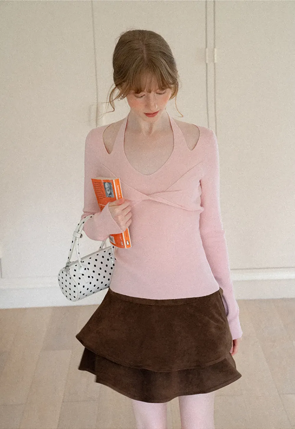 V Neck Cross Front Cutout Long Sleeve Knit Sweater