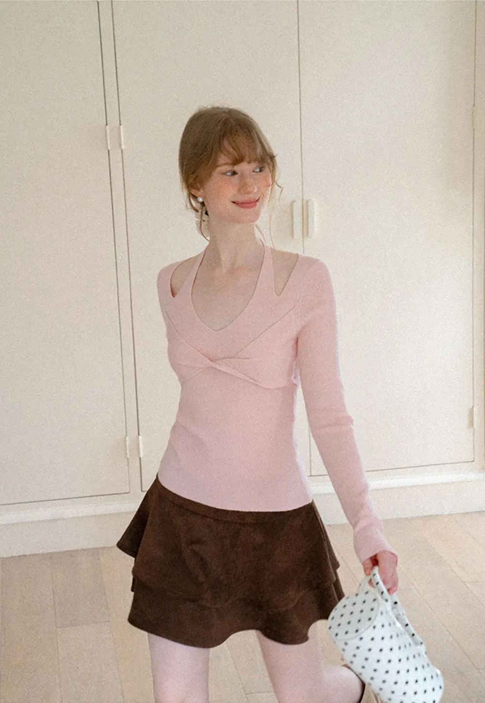 V Neck Cross Front Cutout Long Sleeve Knit Sweater