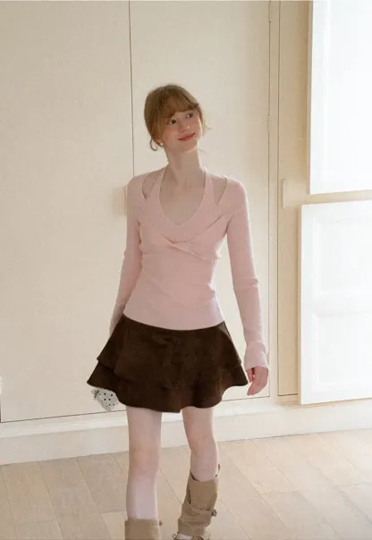 V Neck Cross Front Cutout Long Sleeve Knit Sweater
