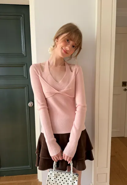 V Neck Cross Front Cutout Long Sleeve Knit Sweater