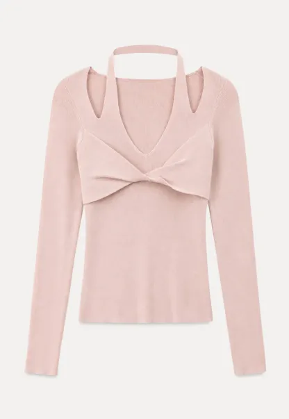 V Neck Cross Front Cutout Long Sleeve Knit Sweater