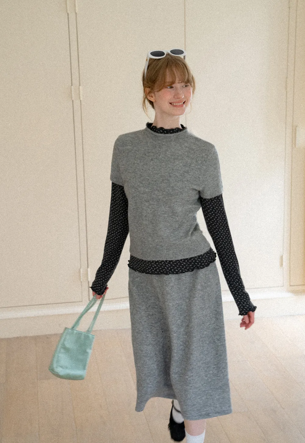 Ruffled Trim Layered Knit Top and A Line Skirt