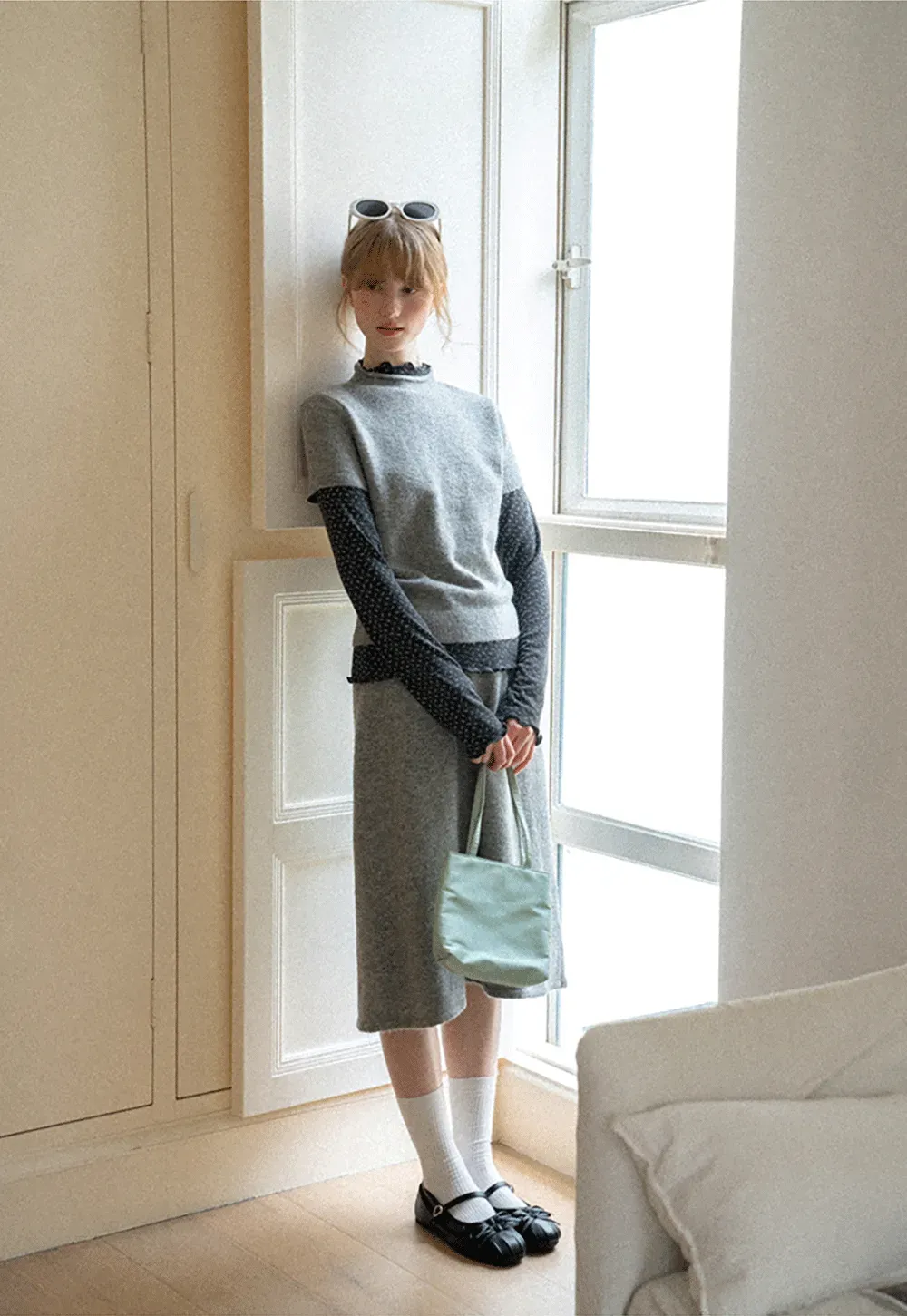 Ruffled Trim Layered Knit Top and A Line Skirt