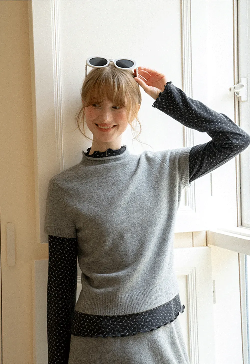 Ruffled Trim Layered Knit Top and A Line Skirt