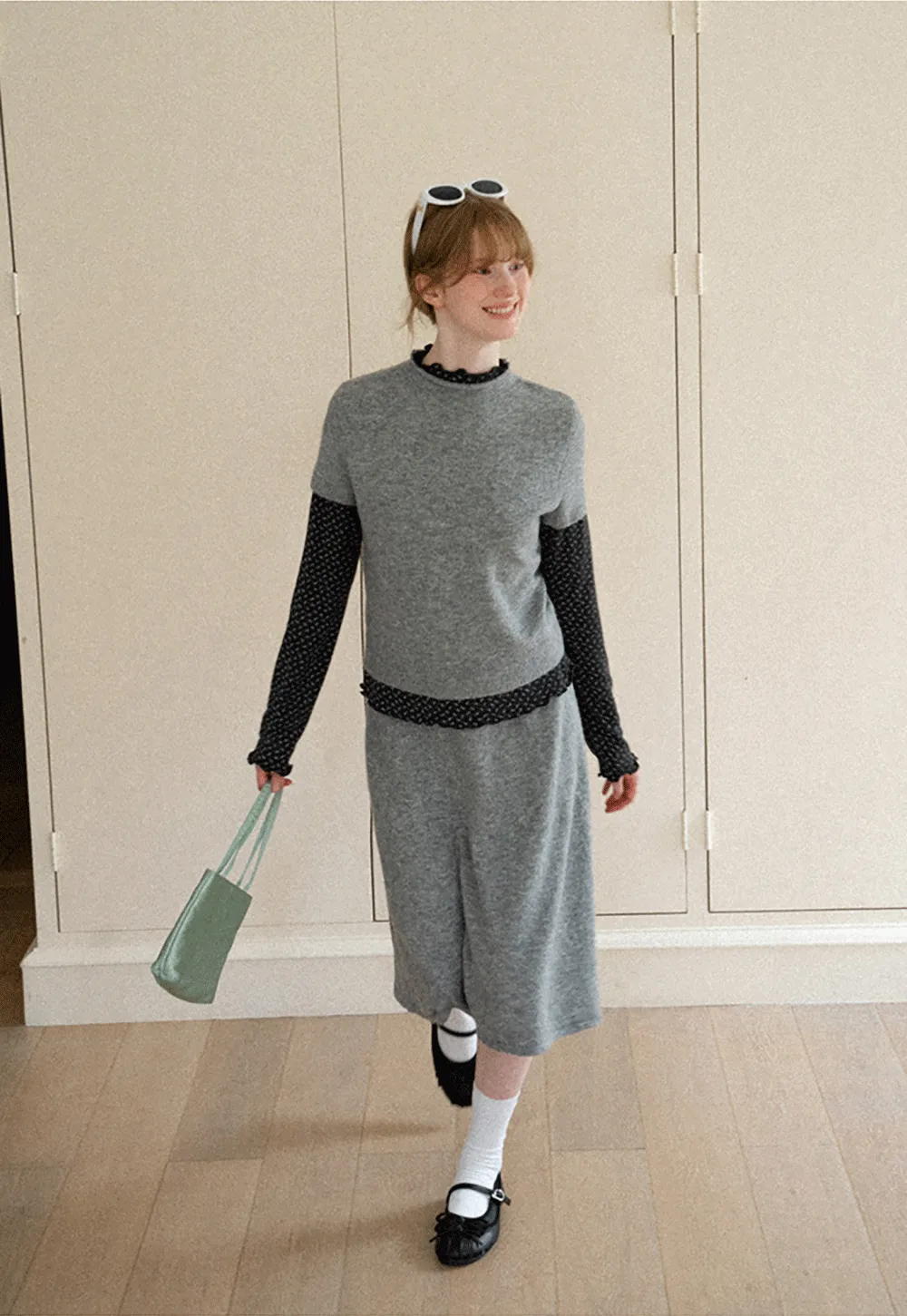 Ruffled Trim Layered Knit Top and A Line Skirt