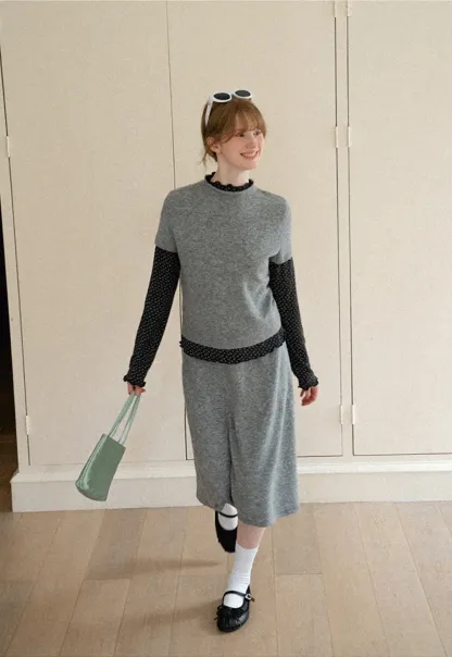 Ruffled Trim Layered Knit Top and A Line Skirt