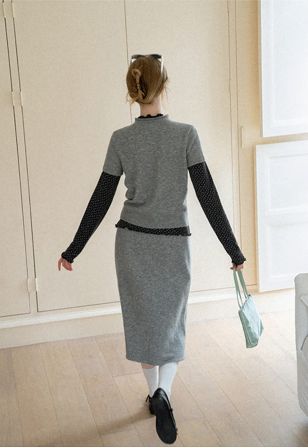 Ruffled Trim Layered Knit Top and A Line Skirt