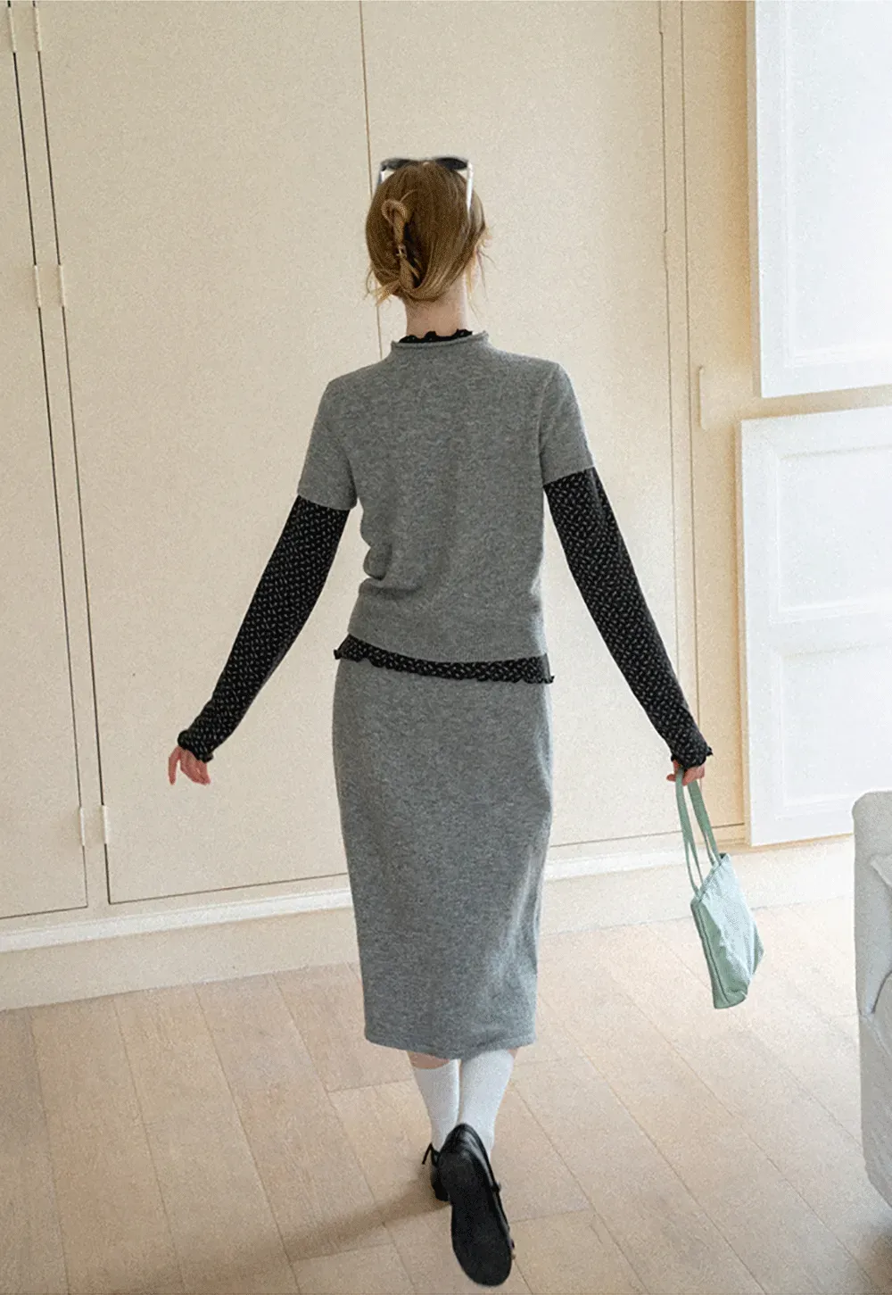 Ruffled Trim Layered Knit Top and A Line Skirt