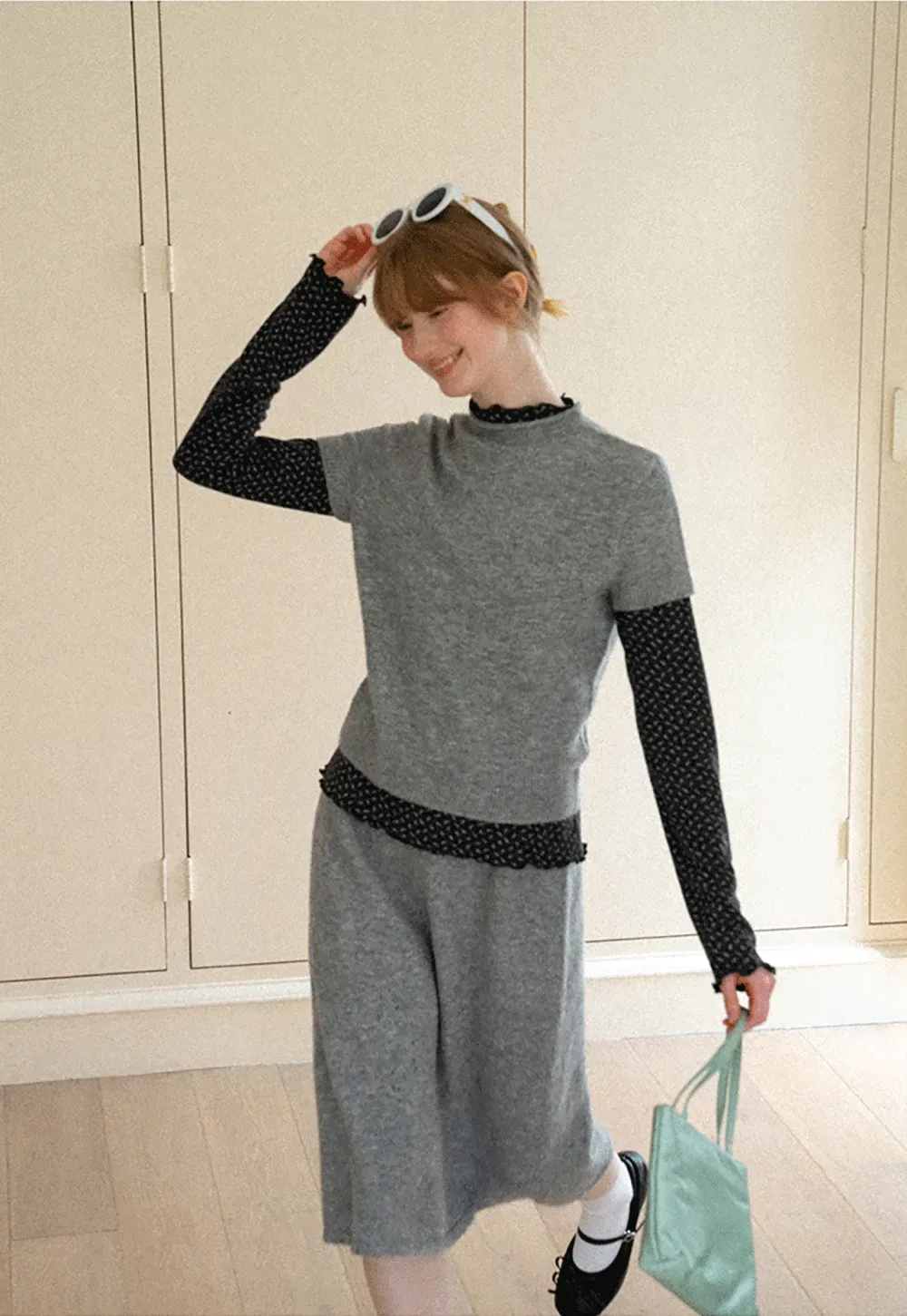 Ruffled Trim Layered Knit Top and A Line Skirt