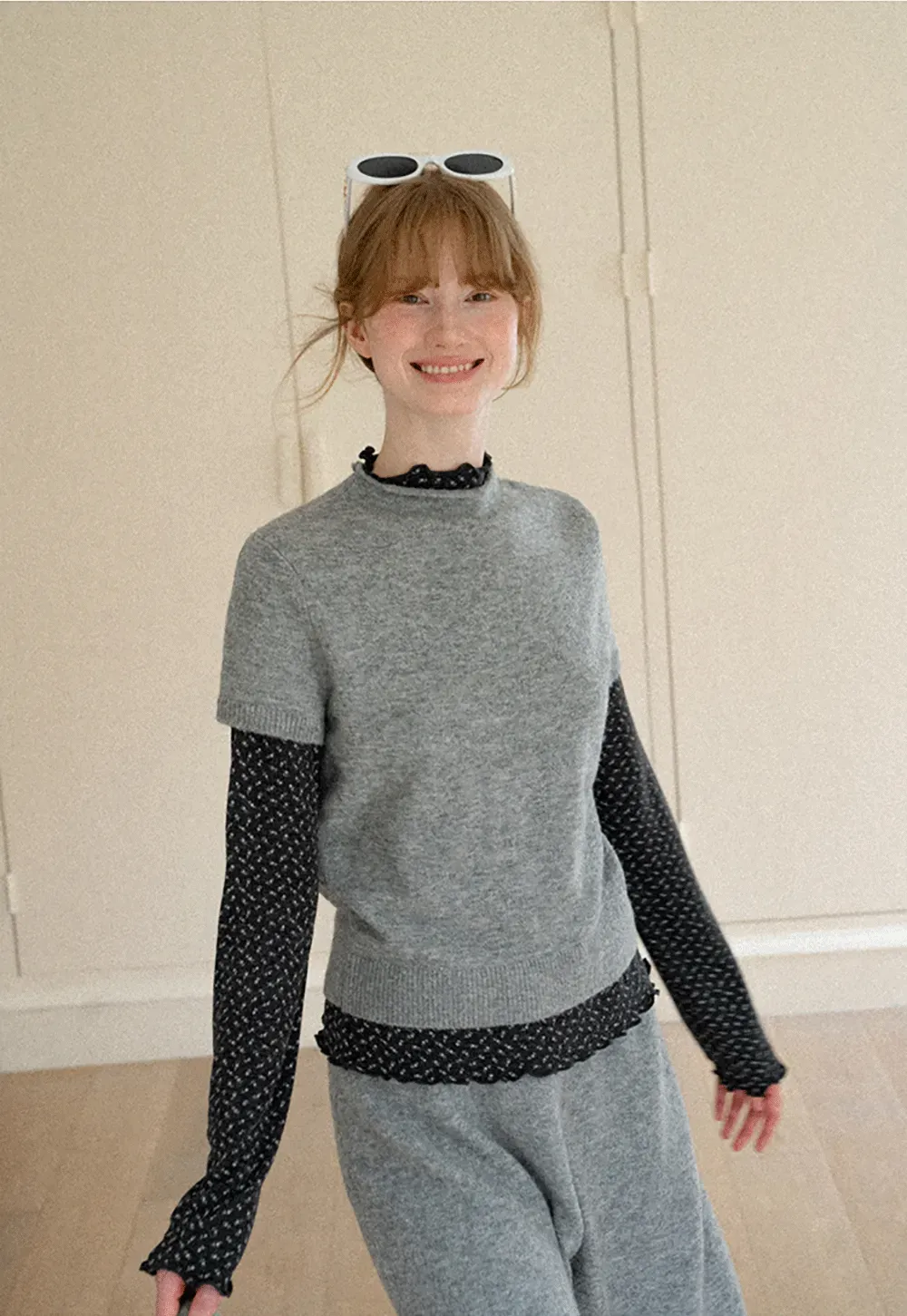 Ruffled Trim Layered Knit Top and A Line Skirt