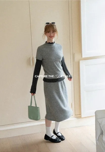 Ruffled Trim Layered Knit Top and A Line Skirt