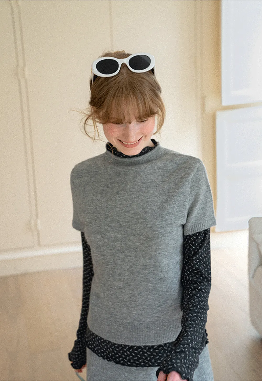 Ruffled Trim Layered Knit Top and A Line Skirt