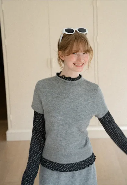 Ruffled Trim Layered Knit Top and A Line Skirt