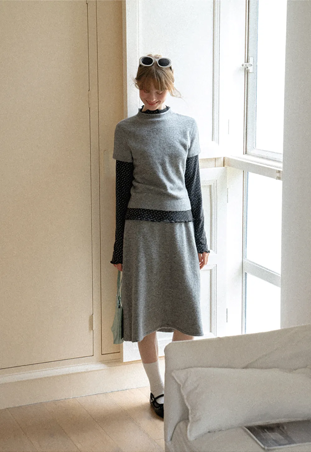 Ruffled Trim Layered Knit Top and A Line Skirt