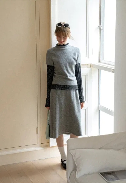 Ruffled Trim Layered Knit Top and A Line Skirt
