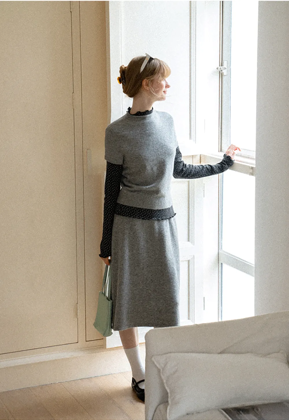 Ruffled Trim Layered Knit Top and A Line Skirt
