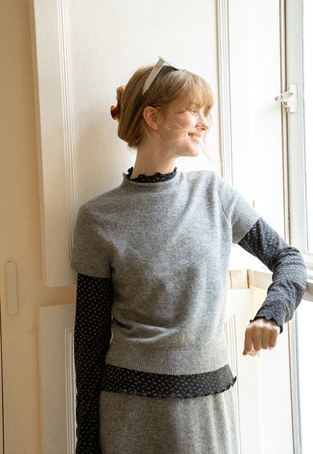 Ruffled Trim Layered Knit Top and A Line Skirt