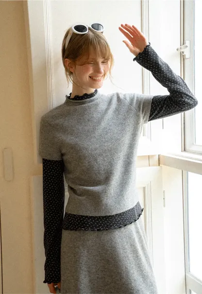 Ruffled Trim Layered Knit Top and A Line Skirt