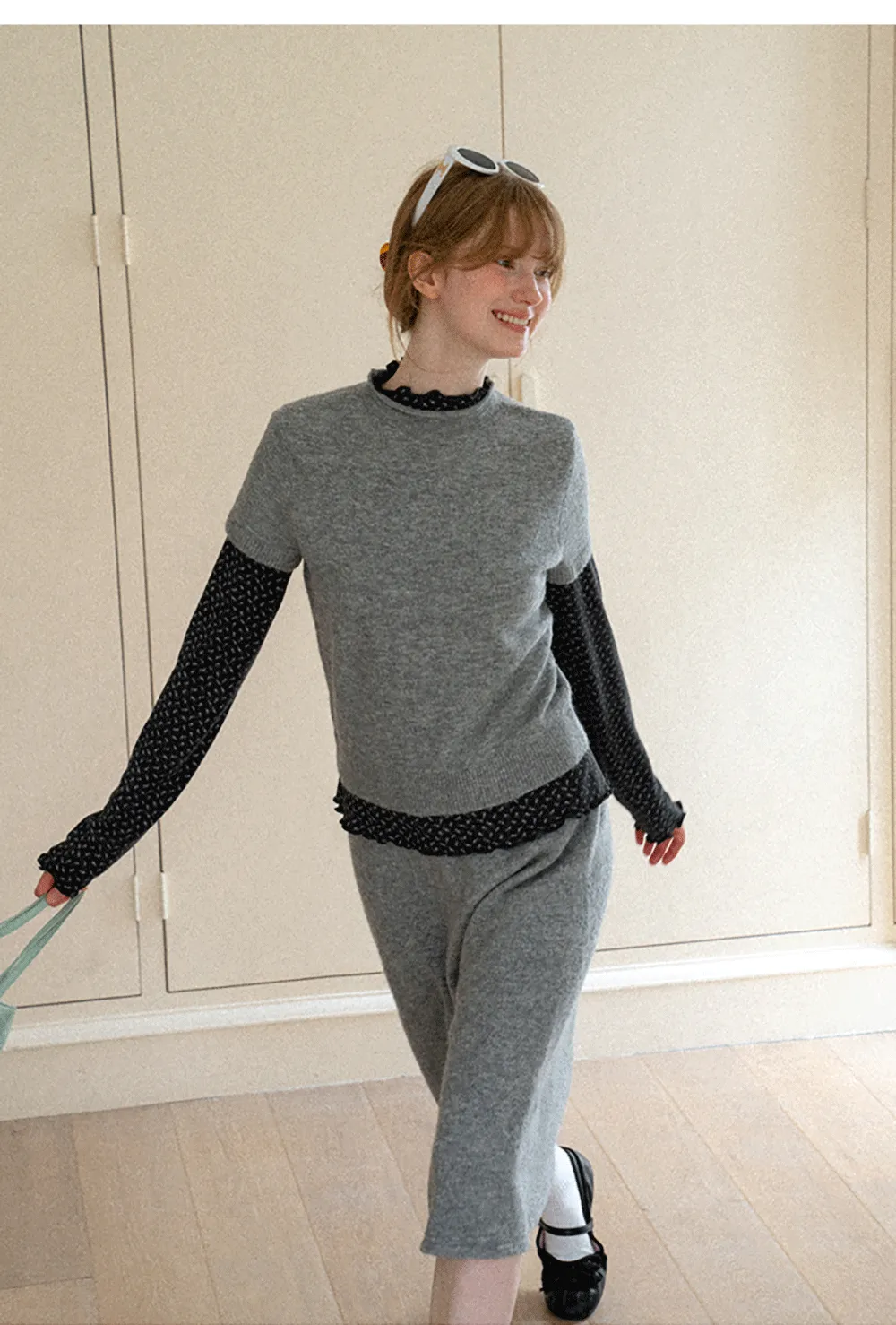 Ruffled Trim Layered Knit Top and A Line Skirt