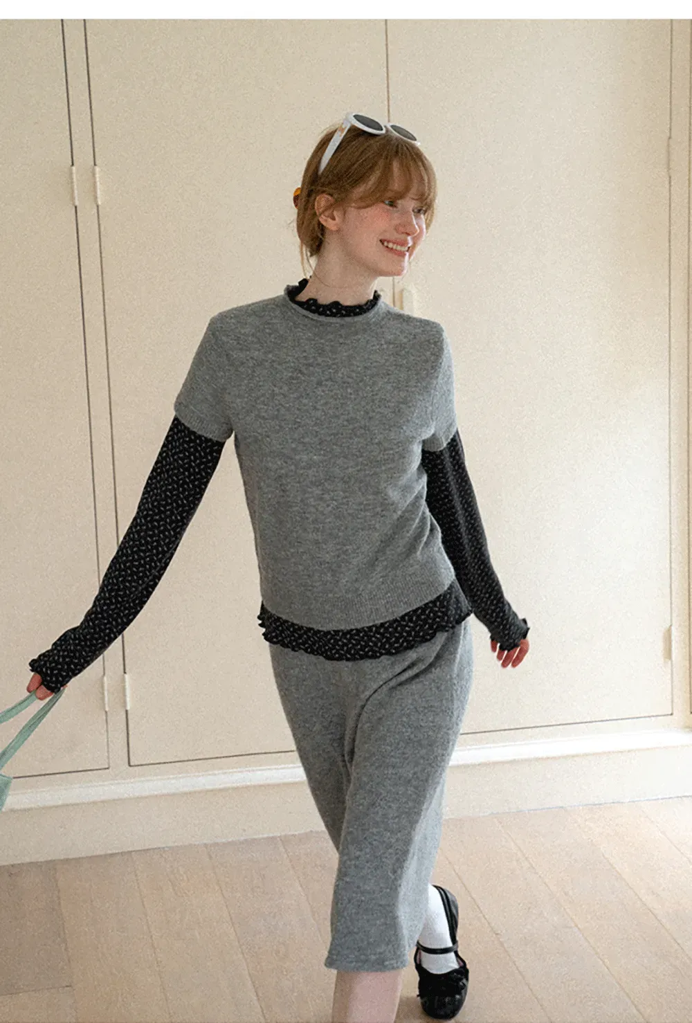 Ruffled Trim Layered Knit Top and A Line Skirt