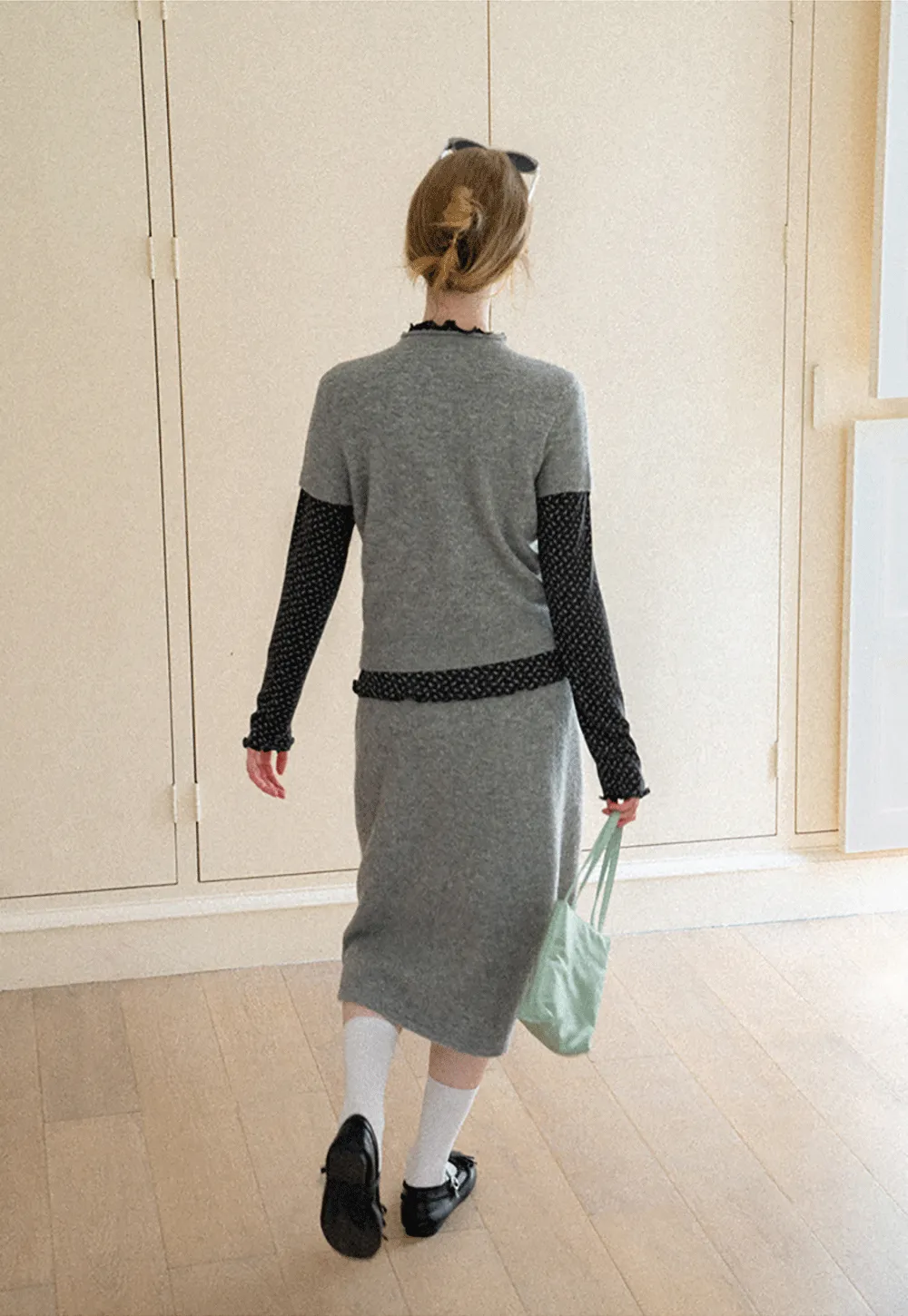 Ruffled Trim Layered Knit Top and A Line Skirt
