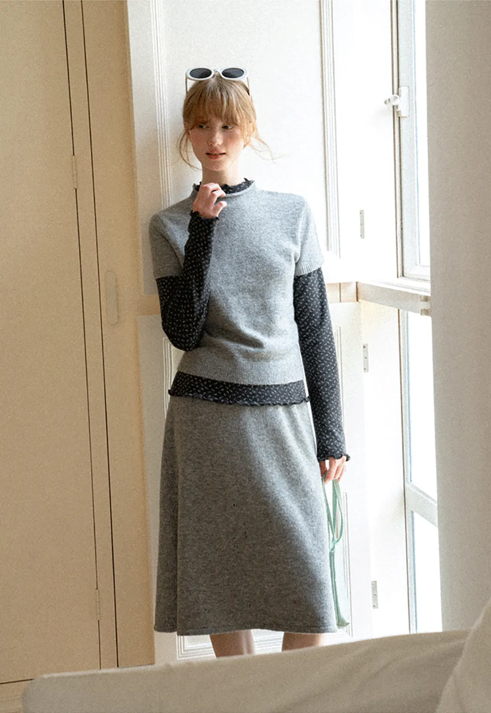 Ruffled Trim Layered Knit Top and A Line Skirt