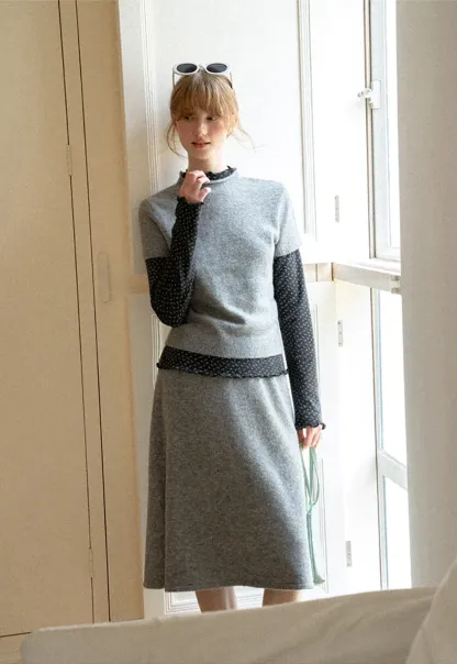 Ruffled Trim Layered Knit Top and A Line Skirt
