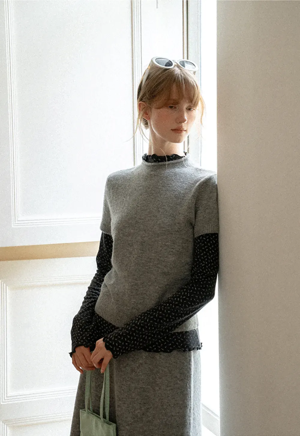 Ruffled Trim Layered Knit Top and A Line Skirt