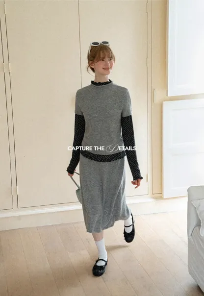 Ruffled Trim Layered Knit Top and A Line Skirt