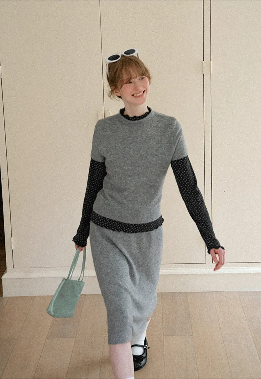 Ruffled Trim Layered Knit Top and A Line Skirt