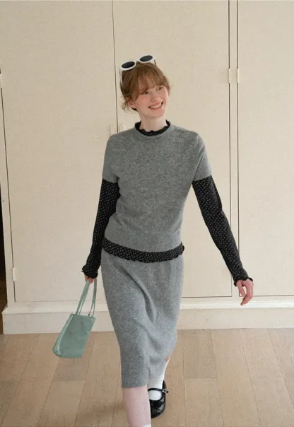 Ruffled Trim Layered Knit Top and A Line Skirt