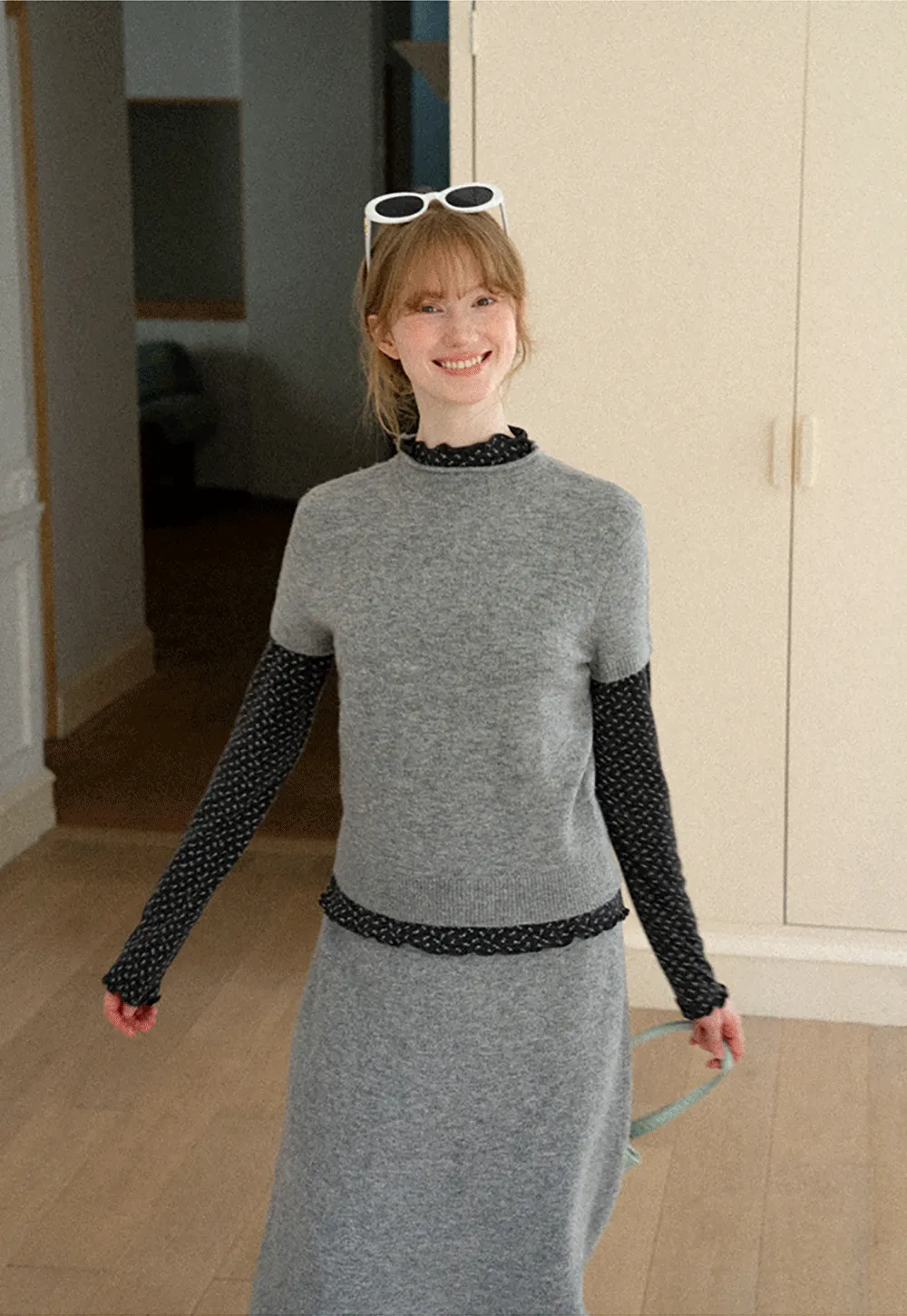 Ruffled Trim Layered Knit Top and A Line Skirt