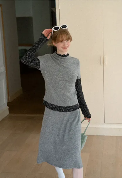 Ruffled Trim Layered Knit Top and A Line Skirt