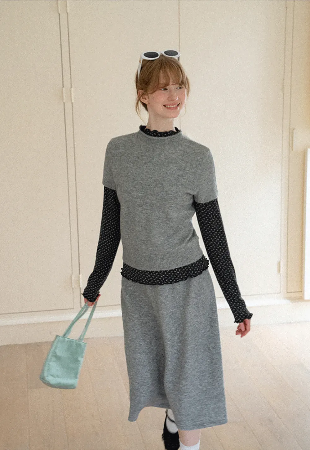 Ruffled Trim Layered Knit Top and A Line Skirt