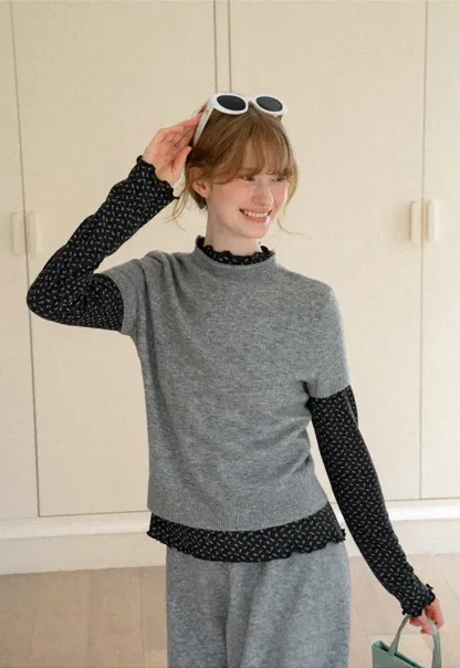 Ruffled Trim Layered Knit Top and A Line Skirt