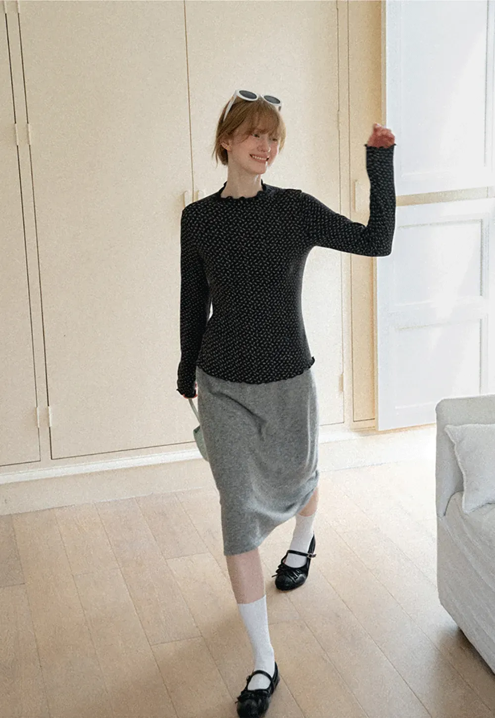 Ruffled Trim Layered Knit Top and A Line Skirt