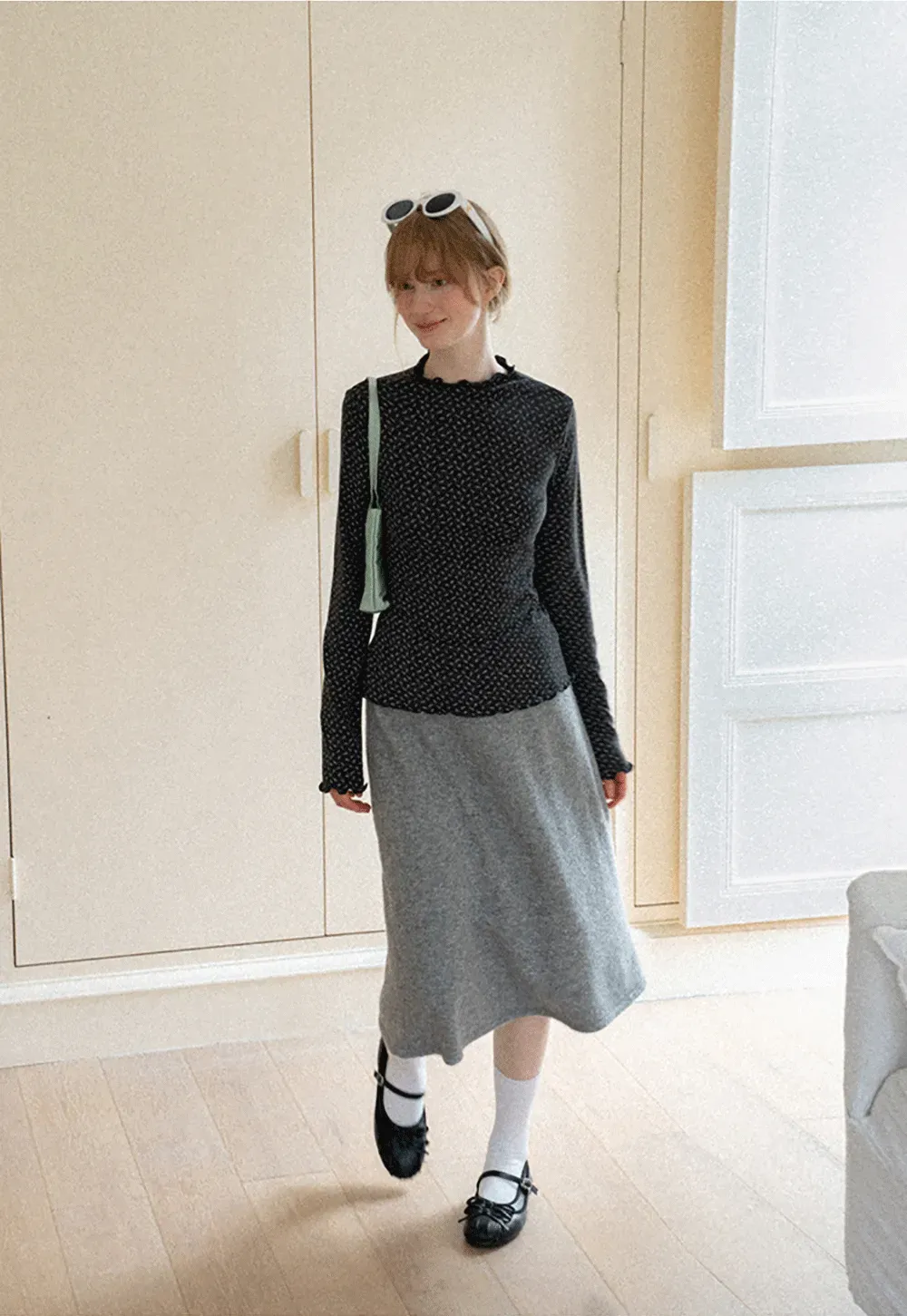 Ruffled Trim Layered Knit Top and A Line Skirt