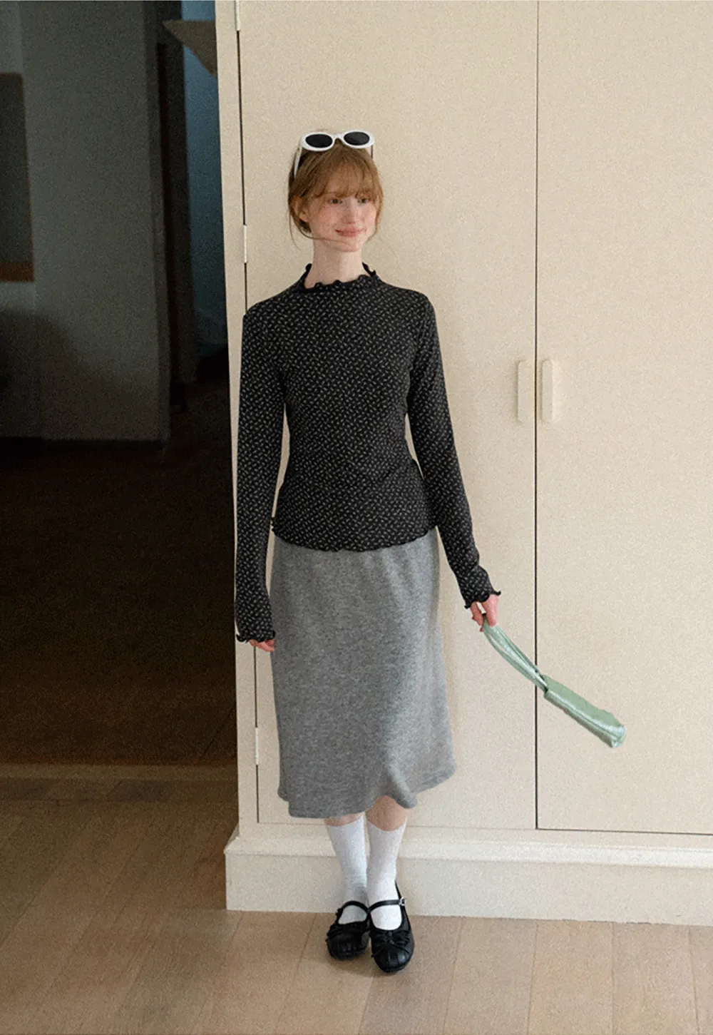 Ruffled Trim Layered Knit Top and A Line Skirt