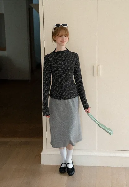 Ruffled Trim Layered Knit Top and A Line Skirt
