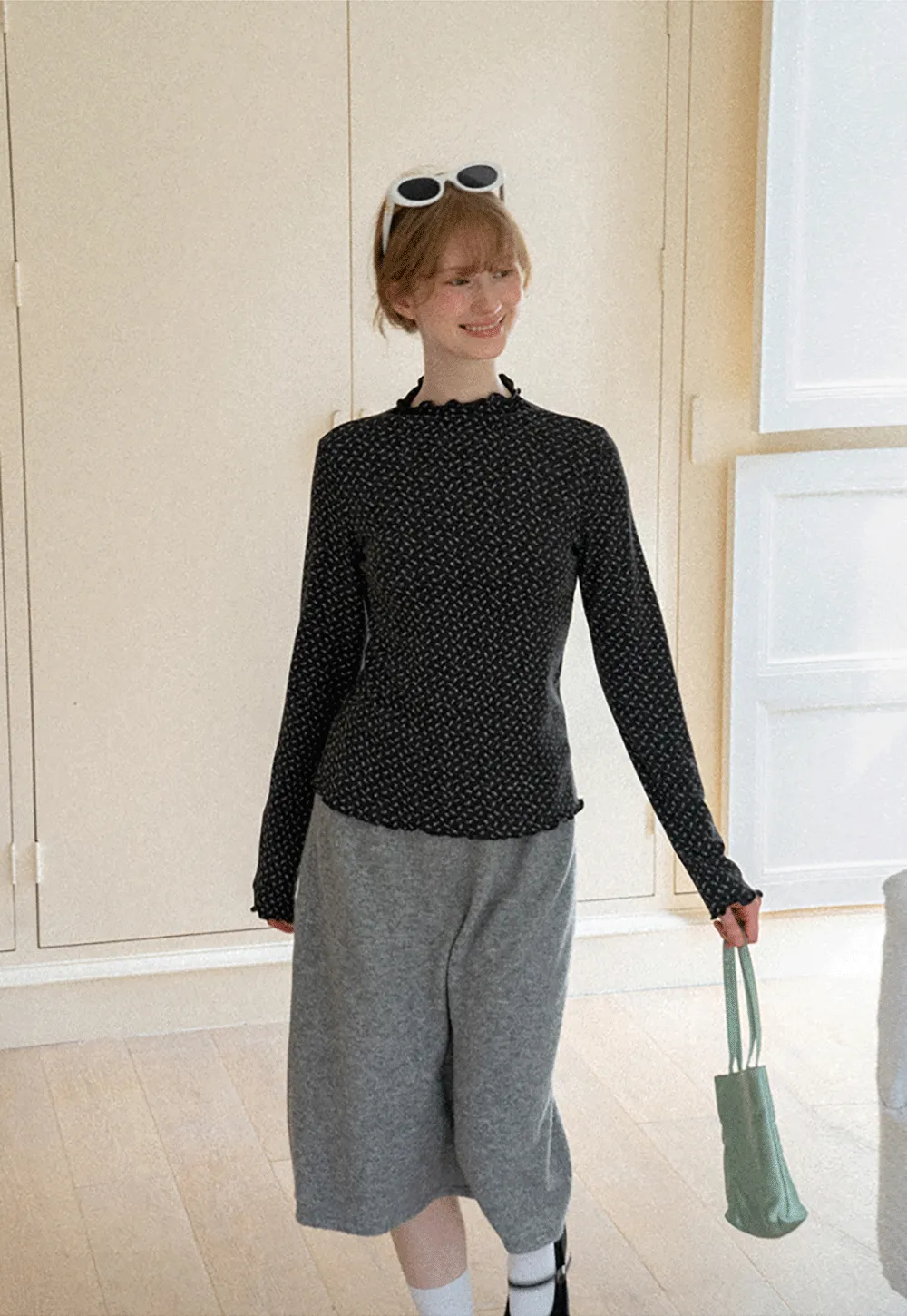 Ruffled Trim Layered Knit Top and A Line Skirt