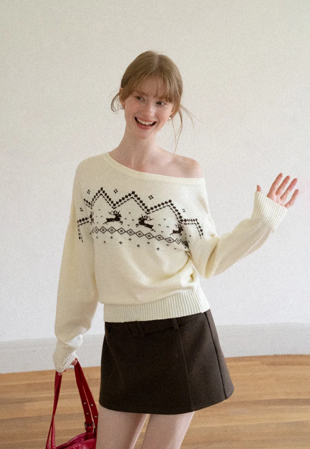 Off Shoulder Fair Isle Pattern Woolen Knit Sweater